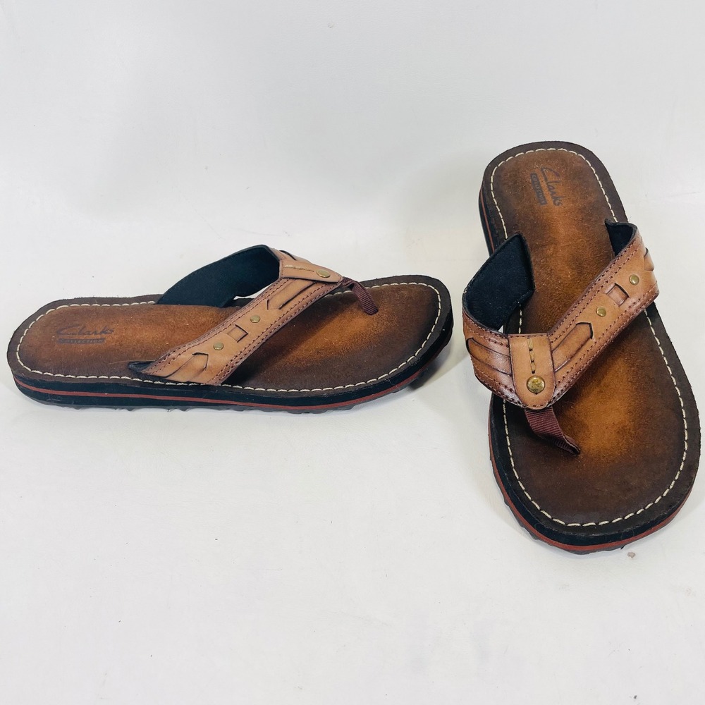Clarks Collection Brown Leather Studded Thong Flip Flop Sandals Womens 7 M